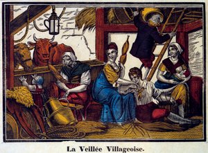 Et landsbyens natteliv: en familie av bønder i en låve. Gravering fra 1800-tallet. Paris, B.N. av Unknown artist