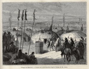 En landsby med Mandans-indianere (eller noumah ka kie: fasaner) på venstre bredd av Missouri, 600 ligaer fra byen Saint Louis. Gravering for å illustrere en ekskursjon blant indianerstammene i bassengene i Colombia og Upper Missouri, av G. Catlin, i 1. av Unknown artist