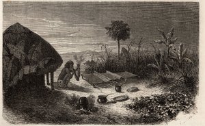 En vever og hans vever, ved bredden av Zambeze-elven. Gravering for å illustrere Dr. Livingstones første reiser til Sør-Afrika fra 1840 til 1856, i «Le tour du monde, nouveau journal des voyages»» publisert under ledelse av Edouard Charton av Unknown artist