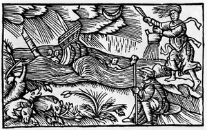 En heks forårsaker storm etter «Historia de gentis nortentrionalibu» av Olaus Magnus, Roma 1555 av Unknown artist