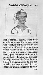 En kvinne har svart hud. Siden hentet fra "" Tractatus physiologicus de pulchritudine""" omhandler Ernesto Venio (Ernestus Vaenius) som forsvarer skaperverkets skjønnhet mot en anonym motstander. 1612 av Unknown artist