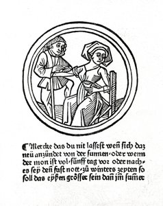 En kvinnes blødning. Xylografi i "Buch de Surgery" av Hyeronimus Braunschweig. Strasbourg 1497 av Unknown artist