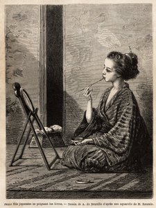 En ung jente fra Yedo (eller Edo, dagens Tokyo), som maler leppene sine foran speilet, har dimensjonene sine lakkboksen som inneholder hennes nødvendigheter: kammer, børster og hårnåler, tannpulver, rispulver og annen kosmetikk. Gravering for å illustrere av Unknown artist