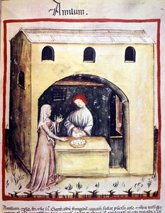 En ung kvinne kjøper egg fra en handelsmann. Belysning fra melking av medisin og diett "" Tacuinum sanitatis"" av Unknown artist