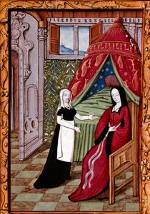 En ung kvinne sannsynligvis Louise Laval (død 1480) på soverommet sitt med sin miniatyrtjener hentet fra "" Histoire de Jean III de Brush et de sa femme Louise de Laval""" (fr. 1475, fol. 10r) Chantilly, musee Conde av Unknown artist