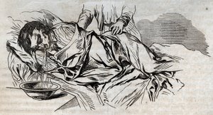 Accident medicine - on the most effective relief to give to the drowned people - the walnut diapers on the side and vomiting the water he drank - engraving in “La Sante Universelle - Guide Medical des Familles” 1852 av Unknown artist