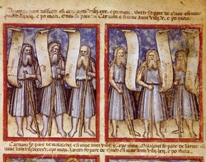 Adams slektsregister følges av Seth, Enoch (Henoch eller Enosh) Kenan, Mahalalel (Mahalaleel) og Jared (eller Yared), de store patriarkene til miniatyrbibelen hentet fra kodeks 212 (eller padovano eller bibel fra Padova) 1390-1400 Rovigo, Accademia dei Con av Unknown artist