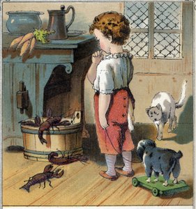 Adolphe pushes by curiosite, takes advantage of being alone in the kitchen to approach the bucket containing crayfish. One of them grabs his finger with his pliers and hurts him. Chromolithography from “” Scenes enfantines””” ed. Guerin - Muller circa 1885 av Unknown artist