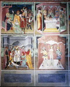 Tilbedelse av vismennene, omskjæring, hån, pisking, Kristi liv (1400-tallet), fresker, kapellet St. Sebastian, Villard-de-Lans, Rhone-Alpes, Frankrike. av Unknown artist