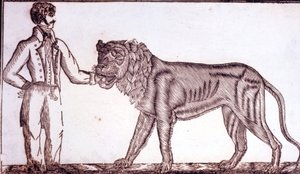 Reklame for sirkuset i 1800 som viser en temmer som legger hånden i munnen på en løve. av Unknown artist
