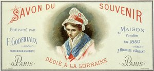 Reklameetikett for "Soap du souvenir, utarbeidet av F. Godfriaux - Maison grunnlagt i 1850". Kromolitografi 1800-tallet. av Unknown artist
