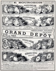 Reklame fra 1889 for "" La Ceramic Moderne av Le Grand Depot De Porcelaines, Faiences Et Verreries Bourgeois i Paris"" av Unknown artist