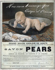 Advertising of 1889 for the English soap “” Pears”” great English health soap. A baby in his bath makes a whim (cry) and tries to catch the soap. av Unknown artist