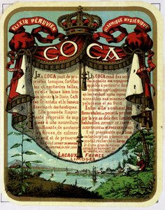 Reklame for Coca (produkt utvunnet fra kokain): "" The Peruvian Balsamic Hygienic Exilir COCA"", kromolitografi fra 1800-tallet. av Unknown artist