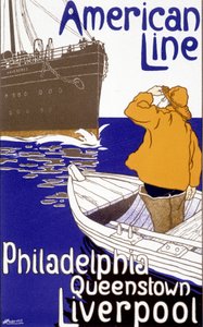 Reklameplakat for American Line "Philadelphia - Queenstown - Liverpool" i "Pictorial Placard"", Brussel av Unknown artist