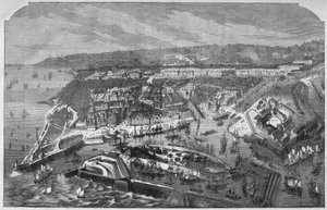 Aerienne view of the port and the city of Le Havre, Seine-Maritime (Seine Maritime), Normandy, France. Engraving in “” L