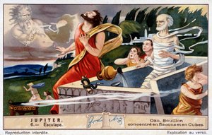 Aesculapus dør, sprengt av Jupiter, for å gjenopplive de døde - Oxo-kromolitografi, produserte Liebig av Unknown artist