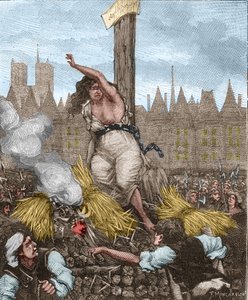 Affaire des Poisons: Catherine Deshayes, kone Monvoisin og kallenavnet La Voisin (1640-1680) ble satt på slakteren, sittende og bundet med jern; hun sverget og frastøt strået - i "Paris a travers les siecles"" av Kenouillac av Unknown artist