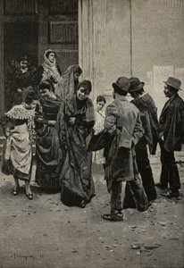 Etter messen, maleri av Arnaldo Ferraguti (1862–1925), gravering av Sabbatini fra L#39;Illustrazione Italiana, år XXI, nr. 8, 25. februar av Unknown Artist