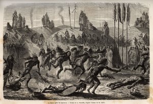 Etter seremonien med å gi seg selv til Den Store Ånd, omfavner de unge krigerne en frenetisk og utstrømningsdans, de svakeste følger etter på bakken, blant Mandans-indianerne (eller noumah ka kie: fasaner), på venstre bredd av Missouri. Gravering til illu av Unknown artist