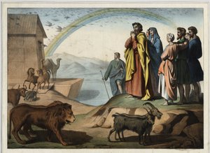 After the flood, the animals descend from the ark. On the right: Noah, his wife, his three sons (Shem, Sham and Japhet) and their wife. At the bottom, the rainbow (symbol of the order of creation concludes between Noah and God). Anonymous engraving from th av Unknown artist