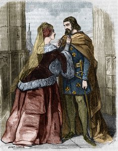Agnes Sorel (1422-1450) (Lady of Beaute sur Marne) (Beaute-sur-Marne) and King of France Charles VII in the Abbey of Jumieges. Engraving of the 19th century. av Unknown artist