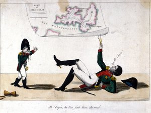 Ah, pappa, du skadet deg selv. Tegneserie om eksilet til Napoleon Bonaparte på øya Elba. av Unknown artist