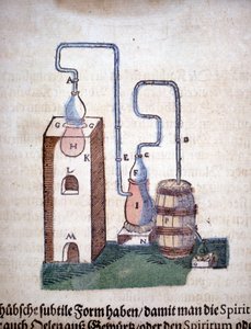 Alchemy: Apparatus for destillation, hentet fra en bok av Pietro Andrea Mattioli (Matthiole) (1500-1577). Frankfurt av Unknown artist