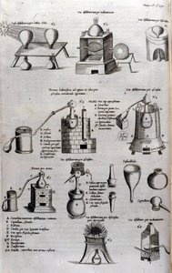 Alkymi: tavle som representerer forskjellige modeller av destillasjonsapparater og destillasjonsapparater. Athanase Kircher (eller Athanasius Kircheri 1602-1680), tysk jesuite. 1600-talls gravering. av Unknown artist