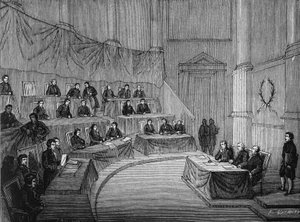 Alexandre (Alexandre) Volta leste for vitenskapsakademiet sin avhandling på bunken i nærvær av den første konsul Bonaparte 18. november av Unknown artist