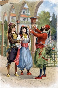 Ali Baba. (Ali-Baba) (Tales of the Thousand and One Night): For å belønne Morgiana, gir Alibaba henne i ekteskap med sin sønn. Kromolitografi fra 1800-tallet av Unknown artist