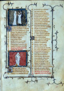 Allegorisk representasjon av kjærlighet som spiller fellene til Malebouche, under karakteren av Abstinence Miniature i "" Roman de la rose"" av Jean de Meun, Jean de Meung eller Jean Chopinel, Jean Clopinel (v.1240-1305), ca. 1370. Paris, Bibliotheque sain av Unknown artist