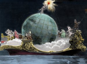 Allegori om utviklingen av vitenskap og teknologi relatert til elektrisitet: rundt om på kloden er representert den italienske fysikeren Guglielmo Marconi (1874-1937), oppfinneren av telegrafen, en kvinne på en trådløs telegrafistasjon og til venstre Benja av Unknown artist
