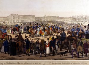 Allierte gikk inn i Paris 31. mars 1814 (Russland Alexander I, den østerrikske keiseren Frans Josef I og den prøyssiske kong Fredrik William III.) 1800-tallsgravering av Unknown artist