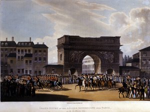 Allierte gikk inn i Paris 31. mars 1814 (Russland Alexander I, den østerrikske keiseren Francois I og den prøyssiske kongen Frederick William III.) gravering av 1826 av Unknown artist