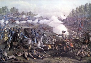 Amerikansk borgerkrig (1861 - 1865): Slaget ved Opequon eller tredje slaget ved Winchester, Virginia 19. september 1864. Gravering av det 19. århundre. av Unknown artist