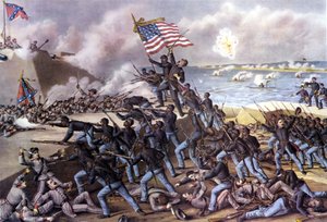 Amerikansk borgerkrig (1861 - 1865): angrep på Fort Wagner på Jekyll Island utenfor Georgia av 2000 svarte frivillige i juli 1863. Gravering av 1800-tallet. av Unknown artist