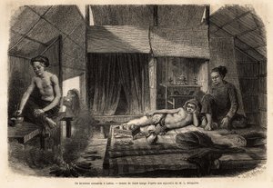 Et Annamitt-interiør i Lakon (Laos),. Gravering for å illustrere utforskningsreisen i Indokina, av Francis Garnier, løytnant de Vaissseau, i 1866-1868, publisert i "" Le tour du monde""" 1870-1871, redigert av Edouard Charton, utga av Unknown artist