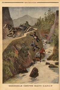 En ulykke med en tank på en benk i Savoie, kjøretøyet velter og passasjerene blir utfelt i Arly. Gravering i "" Le petit journal"" 2/08/1896. Selvas samling. av Unknown artist