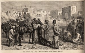 En regnskapsfører av Khan, mottar levering av hodene til fiender og gisler, kvinner og barn bundet til halen på hester. Tegning av Emile Bayard (1837-1891), for å illustrere reisen til Sentral-Asia, i 1863, av Arminius Vambery (ungarsk vitenskapsmann) av Unknown artist