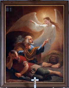 En engel frigjør Sankt Peter fra fengselet, tegnet F. Devigne (?) av Unknown artist