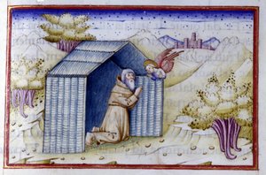 En engel besøker en eremitt. 1400-talls manuskript. Bibl. Nazionale Braidense. av Unknown artist