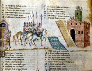 En hær nærmer seg et slott. Miniatyr av "Roman de Troy"" av Benoit de Sainte Maure. 1300-tallet, Biblioteca Marciana, Venezia av Unknown artist