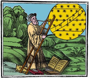 En astronom setter en stige for å klatre opp i himmelen. av Unknown artist