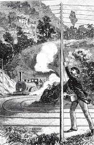 En gravering som viser en togarbeider som sender et nødsignal på en jernbanetelegraf av Unknown artist