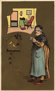 An old woman holding a cup near a cage with birds. Anonymous chromolithography, late 19th century. av Unknown artist