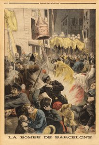 Anarkistisk angrep i Barcelona, bombeeksplosjon i prosesjonen som forlater kirken Santa Maria, street nuevos cambios. Gravering i "" Le petit journal"" 21.06.1896. Selvas samling. av Unknown artist