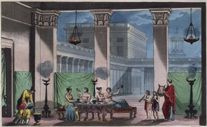 Antikkens Hellas - Triclinium - gravering fra "" skikker og tradisjoner til alle folkeslag i universet. Det vil si historien om regjeringen, lovene, militsen, om religionen til alle nasjoner fra de fjerneste tider til i dag "1856 av Unknown artist