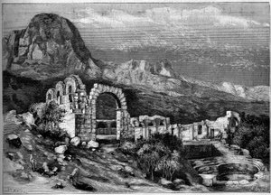Gammel arkitektur: ruinene av det romerske tempelet Zaghouan (Tunisia). Gravering av Riugel i "" The Illustrous World"" nr. 1308 av 22. april 1882. av Unknown artist