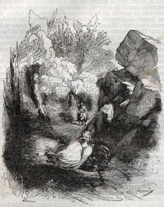 Angelique (Angelica) på flukt fra den gamle eremitten - gravering av 1851 fra "" Furious Roland"" (Orlando furioso) (1500-tallet) av Ludovico Ariosto, kjent som Ariosta - utgave oversatt fra italiensk av greven av Tressan og utgitt av Gustave Harvard 1 av Unknown artist